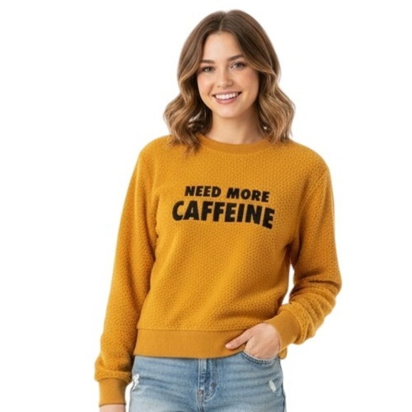No Boundaries Sweatshirt S Golden Yellow Need More Caffeine Sherpa Ribbed Cozy - Picture 1 of 10